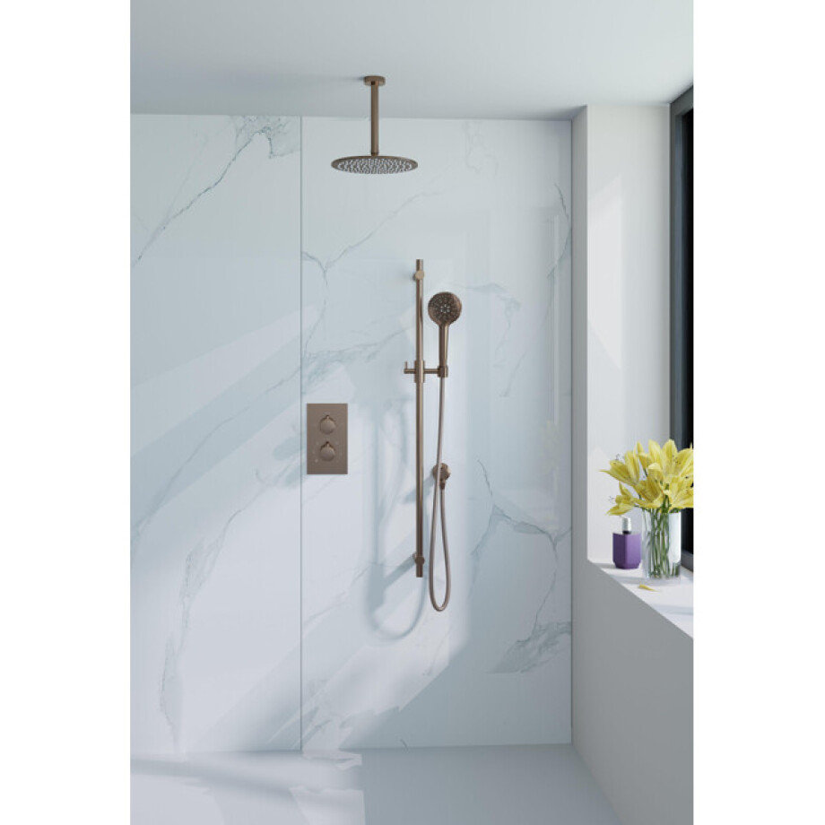 Fortifura Calvi Inbouw Regendoucheset - thermostatisch - plafondarm - glijstang - 25cm hoofddouche - ronde handdouche - gladde doucheslang - Geborsteld koper PVD (Koper) SW970042/SW970041/SW1159496/SW799407/SW970053/SW11 Fortifura Calvi Inbouw Regendoucheset - thermostatisch - plafondarm - glijstang - 25cm hoofddouche - ronde handdouche - gladde doucheslang - Geborsteld koper PVD (Koper) SW970042/SW970041/SW1159496/SW799407/SW970053/SW11 afbeelding 1