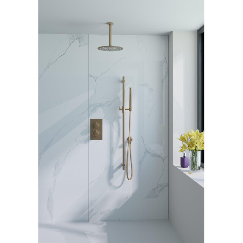 Fortifura Calvi Inbouw Regendoucheset - thermostatisch - plafondarm - glijstang - 25cm hoofddouche - staaf handdouche - metalen doucheslang - geborsteld Messing PVD (Goud) SW720557/SW720555/SW1159494/SW706206/SW767490/SW11 afbeelding 1