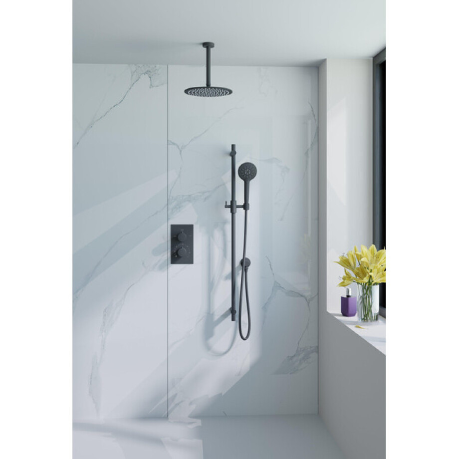 Fortifura Calvi Inbouw Regendoucheset - thermostatisch - plafondarm - glijstang - 30cm hoofddouche - ronde handdouche - gladde doucheslang - mat zwart SW377853/SW496816/SW542644/SW706210/SW1139120/SW72 afbeelding 1