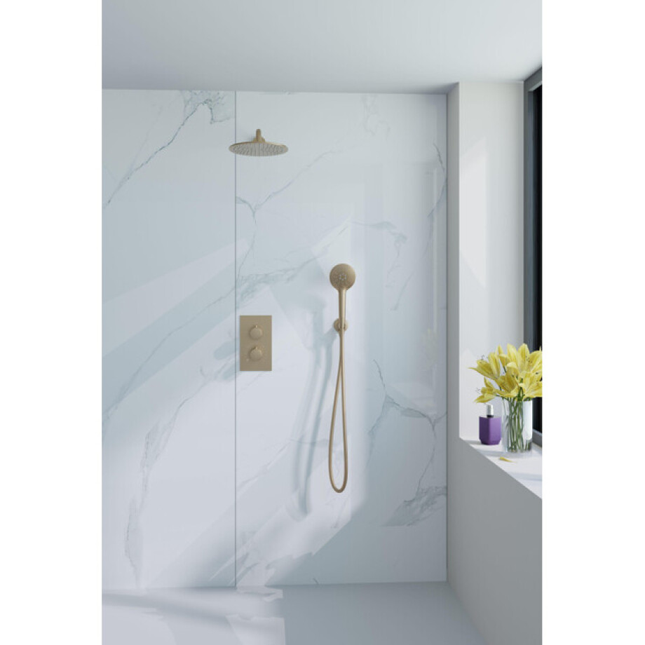 Fortifura Calvi Inbouw Regendoucheset - thermostatisch - wandarm - 25cm hoofddouche - ronde handdouche - metalen doucheslang - geborsteld Messing PVD (Goud) SW706206/SW720555/SW720562/SW720569/SW721169/SW799 Fortifura Calvi Inbouw Regendoucheset - thermostatisch - wandarm - 25cm hoofddouche - ronde handdouche - metalen doucheslang - geborsteld Messing PVD (Goud) SW706206/SW720555/SW720562/SW720569/SW721169/SW799 afbeelding 1