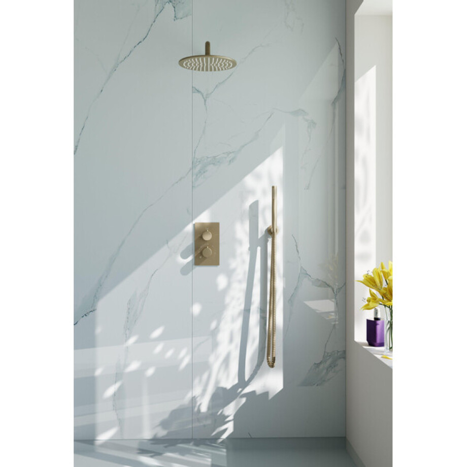 Fortifura Calvi Inbouw Regendoucheset - thermostatisch - wandarm - 25cm hoofddouche - staaf handdouche - gladde doucheslang - Geborsteld Messing PVD (Goud) SW728176/SW720555/SW720562/SW720569/SW720570/SW721 afbeelding 1