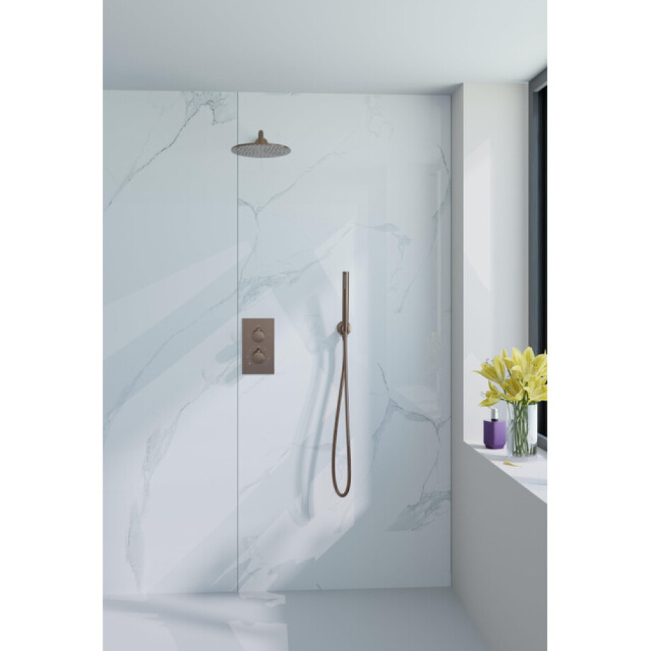 Fortifura Calvi Inbouw Regendoucheset - thermostatisch - wandarm - 30cm hoofddouche - staaf handdouche - metalen doucheslang - geborsteld koper PVD SW970038 / SW1139124 / SW970043 / SW970045 / SW970 Fortifura Calvi Inbouw Regendoucheset - thermostatisch - wandarm - 30cm hoofddouche - staaf handdouche - metalen doucheslang - geborsteld koper PVD SW970038 / SW1139124 / SW970043 / SW970045 / SW970 afbeelding 1