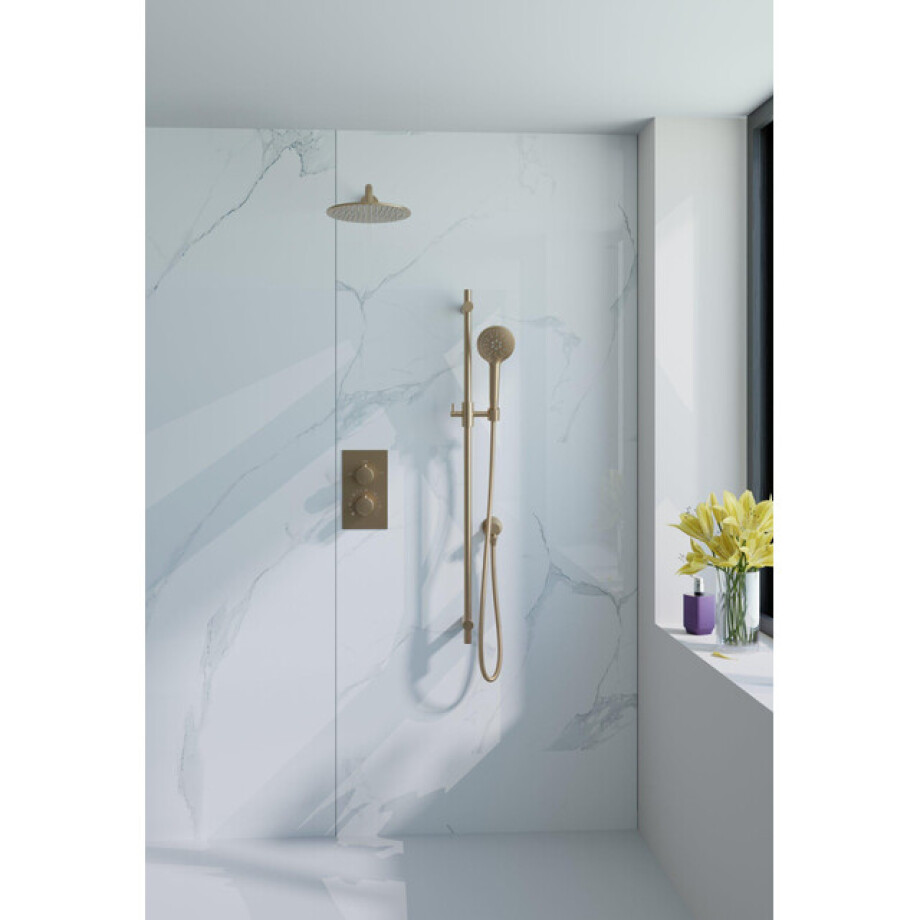 Fortifura Calvi Inbouw Regendoucheset - thermostatisch - wandarm - glijstang - 30cm hoofddouche - ronde handdouche - gladde doucheslang - geborsteld Messing PVD (Goud) SW728176/SW1139122/SW720562/SW720569/SW1159494/SW7 afbeelding 1