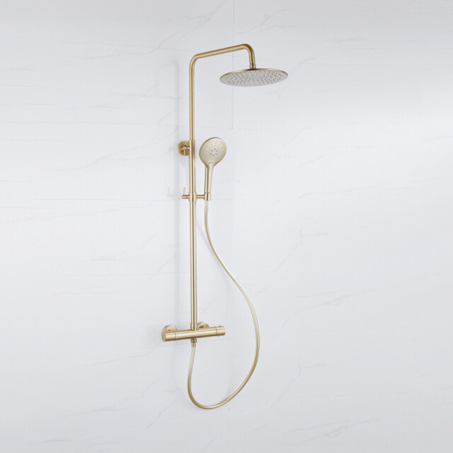 Fortifura Calvi Regendoucheset - thermostatisch - 25cm hoofddouche - gladde slang - ronde handdouche - Geborsteld Messing PVD (Goud) SW1159501 SW799449 SW728176 Fortifura Calvi Regendoucheset - thermostatisch - 25cm hoofddouche - gladde slang - ronde handdouche - Geborsteld Messing PVD (Goud) SW1159501 SW799449 SW728176 afbeelding 1