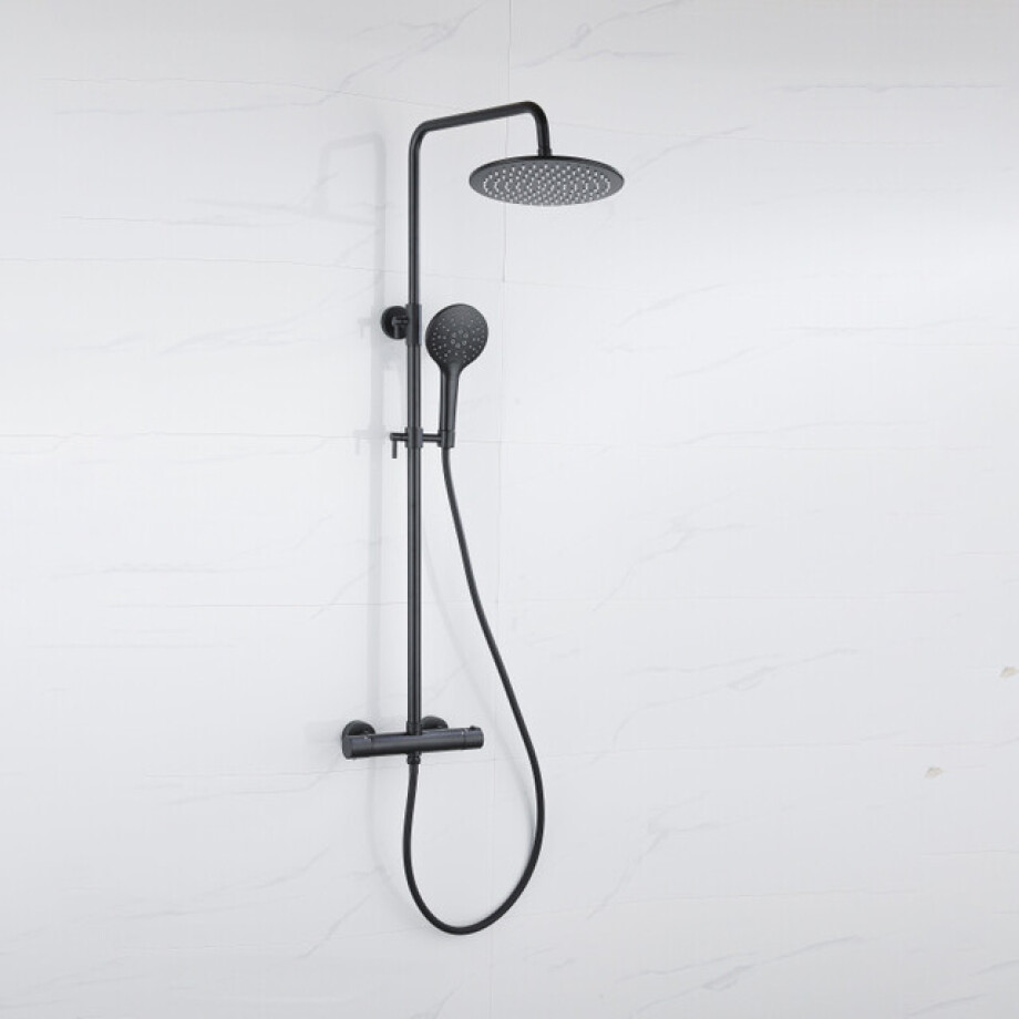 Fortifura Calvi Regendoucheset - thermostatisch - 25cm hoofddouche - gladde slang - ronde handdouche - mat zwart SW115998 SW496816 SW706210 Fortifura Calvi Regendoucheset - thermostatisch - 25cm hoofddouche - gladde slang - ronde handdouche - mat zwart SW115998 SW496816 SW706210 afbeelding 1