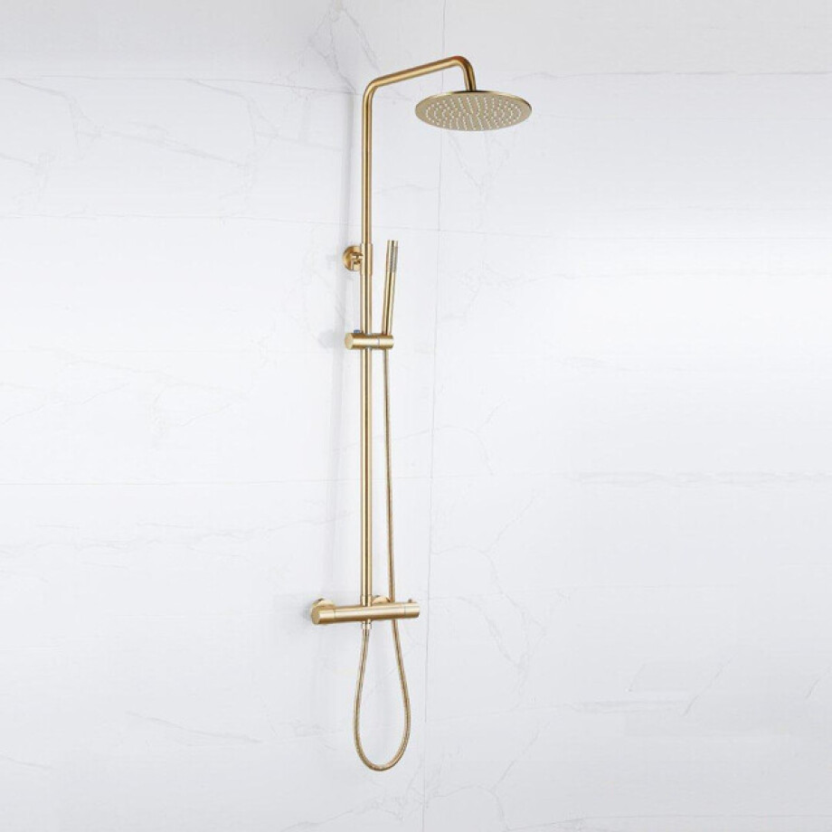 Fortifura Calvi Regendoucheset - thermostatisch - 25cm hoofddouche - gladde slang - staaf handdouche - Geborsteld Messing PVD (Goud) SW1159501 SW728176 Fortifura Calvi Regendoucheset - thermostatisch - 25cm hoofddouche - gladde slang - staaf handdouche - Geborsteld Messing PVD (Goud) SW1159501 SW728176 afbeelding 1