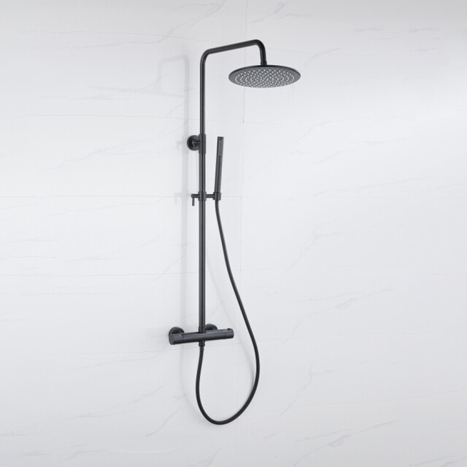 Fortifura Calvi Regendoucheset - thermostatisch - 25cm hoofddouche - gladde slang - staaf handdouche - mat zwart SW115998 SW706210 afbeelding 1