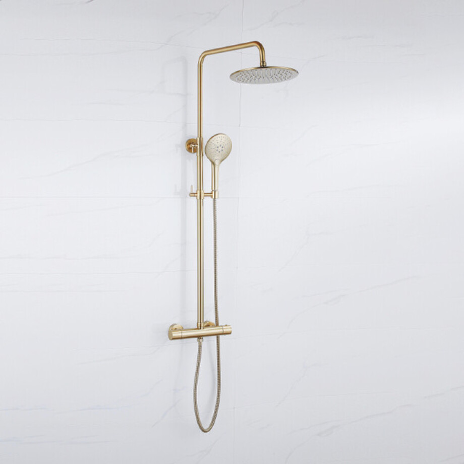 Fortifura Calvi Regendoucheset - thermostatisch - 25cm hoofddouche - metalen slang - ronde handdouche - Geborsteld Messing PVD (Goud) SW1159501 SW799449 Fortifura Calvi Regendoucheset - thermostatisch - 25cm hoofddouche - metalen slang - ronde handdouche - Geborsteld Messing PVD (Goud) SW1159501 SW799449 afbeelding 1
