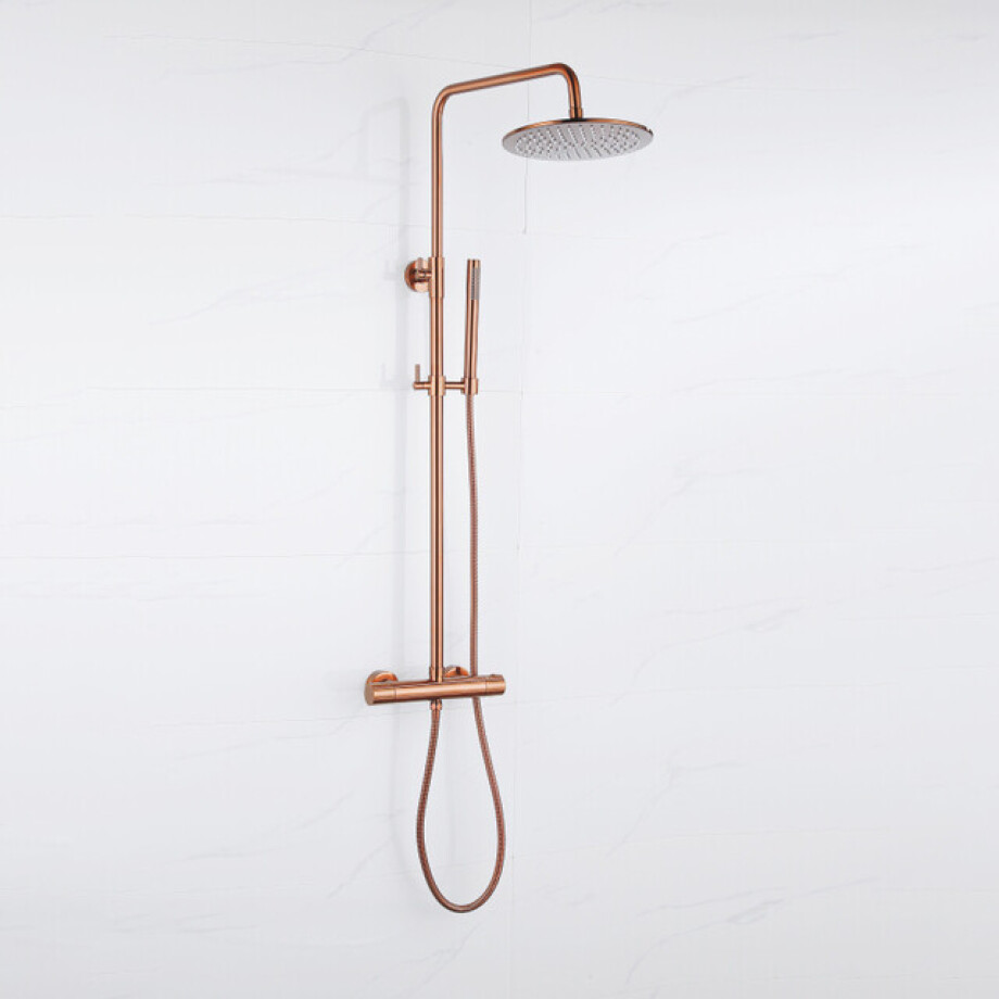 Fortifura Calvi Regendoucheset - thermostatisch - 25cm hoofddouche - metalen slang - staaf handdouche - Geborsteld koper PVD (Koper) SW1159502 afbeelding 1