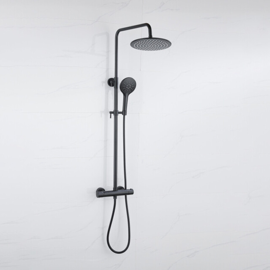 Fortifura Calvi Regendoucheset - thermostatisch - 30cm hoofddouche - metalen slang - ronde handdouche - mat zwart SW115998 SW1139120SW496816 Fortifura Calvi Regendoucheset - thermostatisch - 30cm hoofddouche - metalen slang - ronde handdouche - mat zwart SW115998 SW1139120SW496816 afbeelding 1