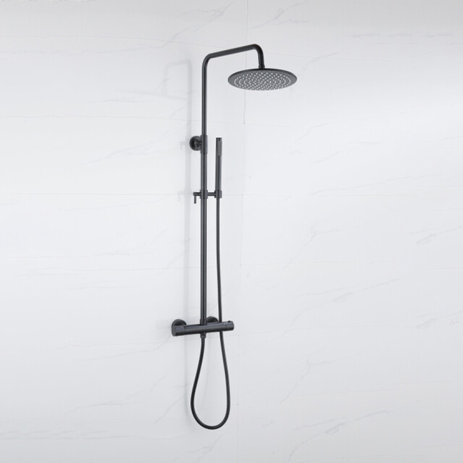 Fortifura Calvi Regendoucheset - thermostatisch - 30cm hoofddouche - metalen slang - staaf handdouche - mat zwart SW115998 SW1139120 Fortifura Calvi Regendoucheset - thermostatisch - 30cm hoofddouche - metalen slang - staaf handdouche - mat zwart SW115998 SW1139120 afbeelding 1