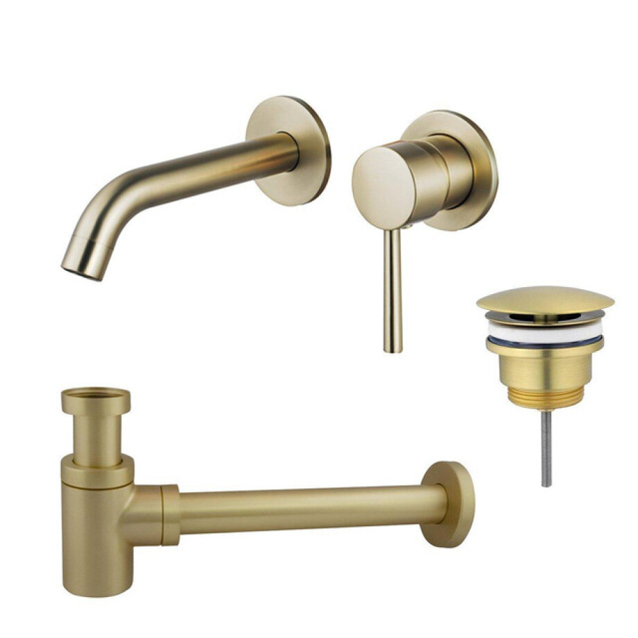 Fortifura Calvi Slim Wastafelkraanset - inbouw wastafelkraan - always open plug - verlaagde design sifon - Geborsteld Messing PVD (Goud) SW720228/SW696208/SW696218 afbeelding 1