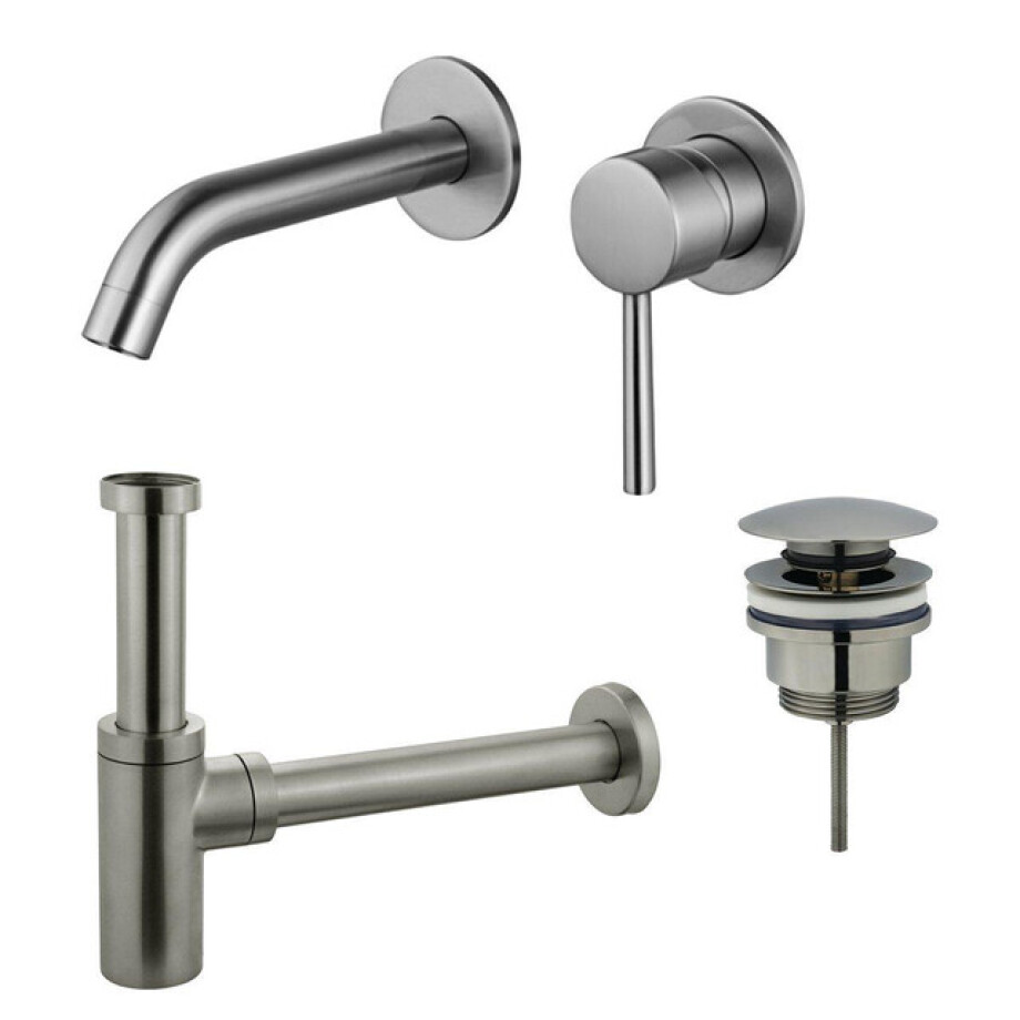 Fortifura Calvi Slim Wastafelkraanset - inbouw wastafelkraan - klikwaste plug - design sifon - Geborsteld RVS PVD (RVS) SW377860/SW696201/SW696212 afbeelding 1