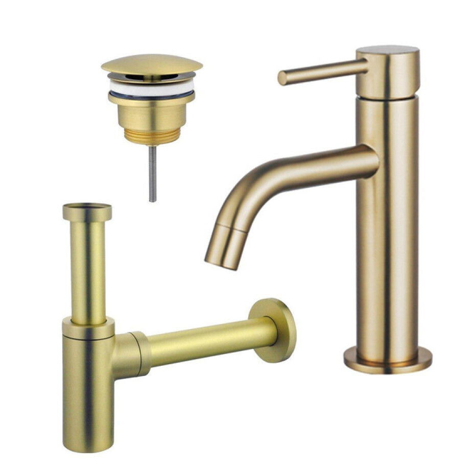 Fortifura Calvi Slim Wastafelkraanset - lage wastafelkraan - always open plug - design sifon - Geborsteld Messing PVD (Goud) SW720545/SW696208/SW696213 afbeelding 1