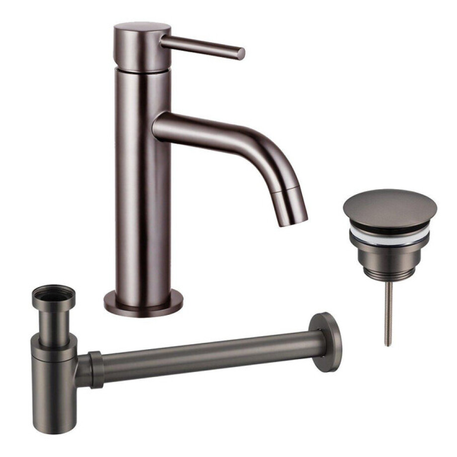 Fortifura Calvi Slim Wastafelkraanset - lage wastafelkraan - always open plug - verlaagde design sifon - Geborsteld Gunmetal PVD SW766538/SW769487/SW767295 afbeelding 1