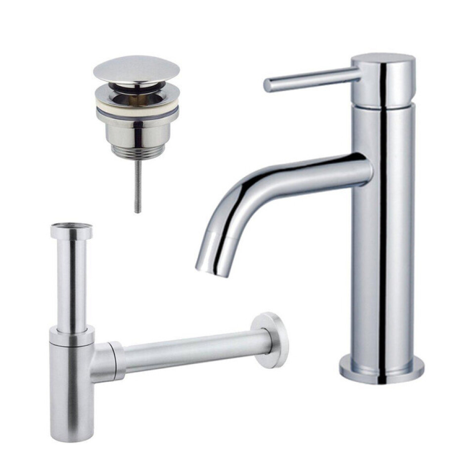 Fortifura Calvi Slim Wastafelkraanset - lage wastafelkraan - klikwaste plug - design sifon - Chroom SW377812/SW696203/SW696214 afbeelding 1