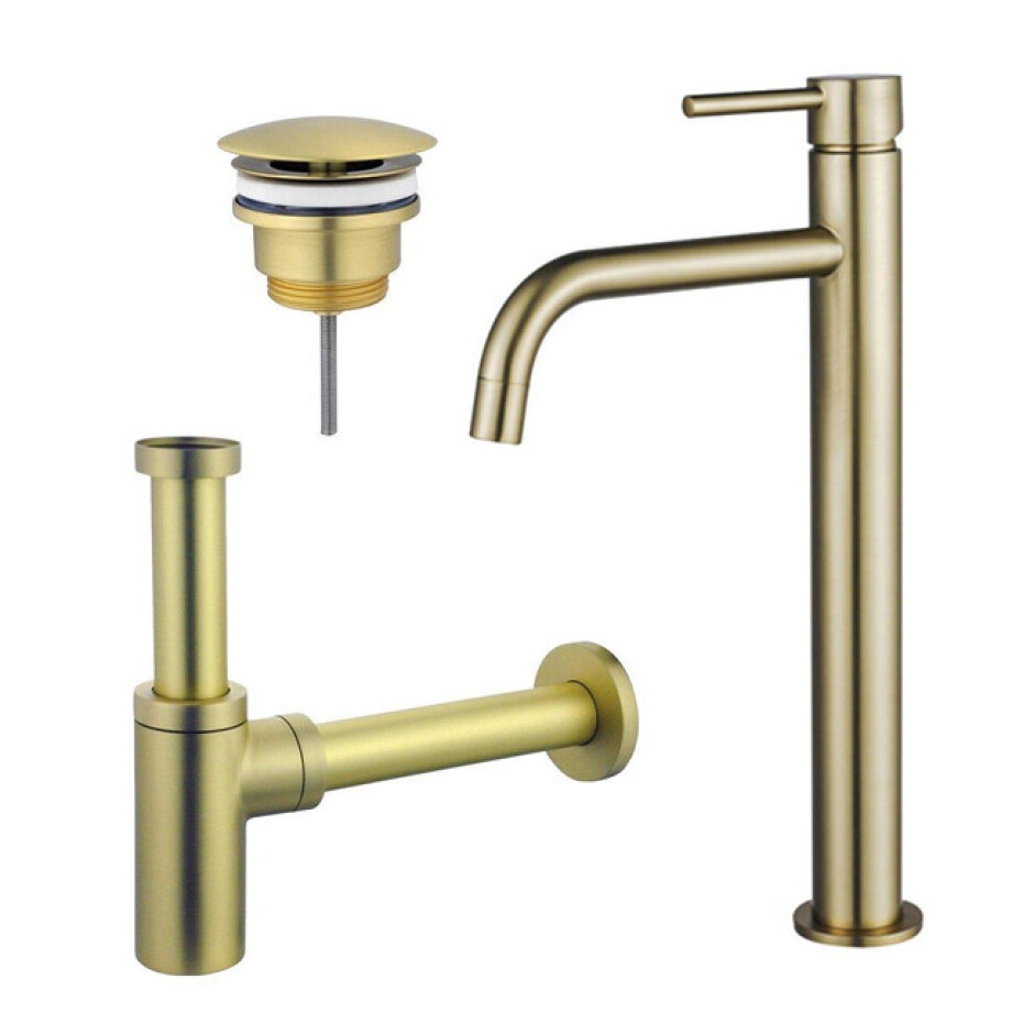 Fortifura Calvi Slim Wastafelkraanset - verhoogde wastafelkraan - always open plug - design sifon - Geborsteld Messing PVD (Goud) SW720546/SW696208/SW696213 afbeelding 1