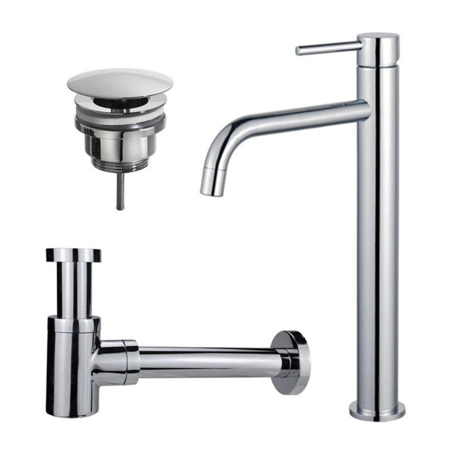 Fortifura Calvi Slim Wastafelkraanset - verhoogde wastafelkraan - always open plug - verlaagde design sifon - Chroom SW377813/SW696209/SW696219 afbeelding 1