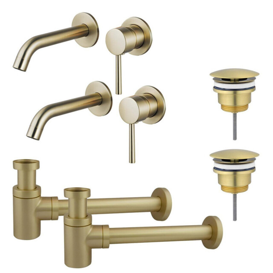 Fortifura Calvi Slim Wastafelkraanset - voor dubbele wastafel - inbouw wastafelkraan - always open plug - verlaagde design sifon - Geborsteld Messing PVD (Goud) 2x SW720228/2x SW696208/2x SW696218 afbeelding 1