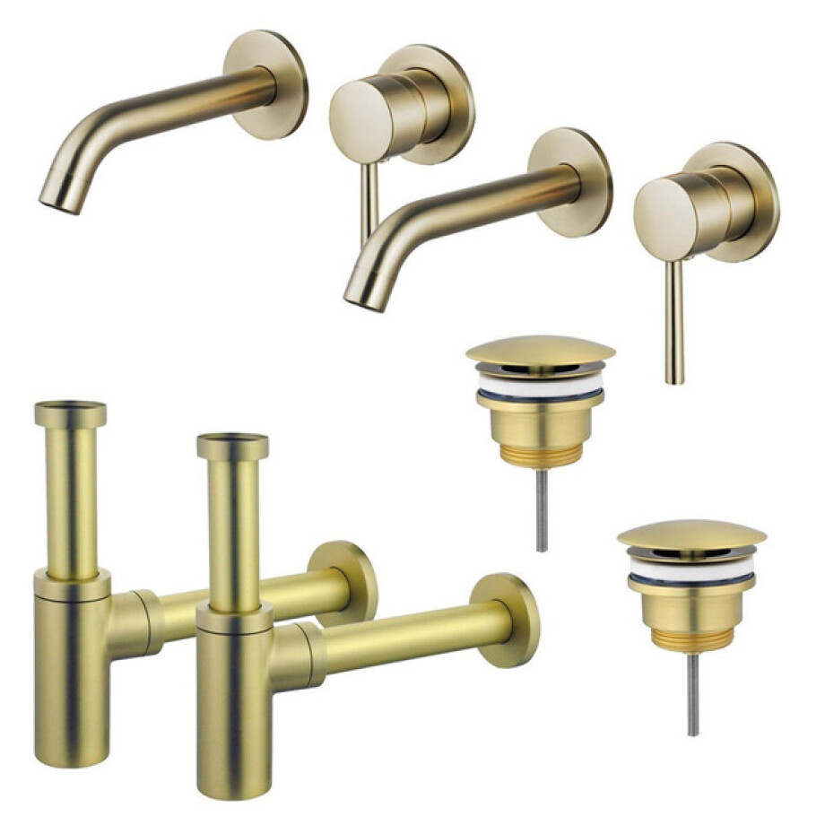 Fortifura Calvi Slim Wastafelkraanset - voor dubbele wastafel - inbouw wastafelkraan - always open plug - design sifon - Geborsteld Messing PVD (Goud) 2x SW720228/2x SW696208/2x SW696213 afbeelding 1