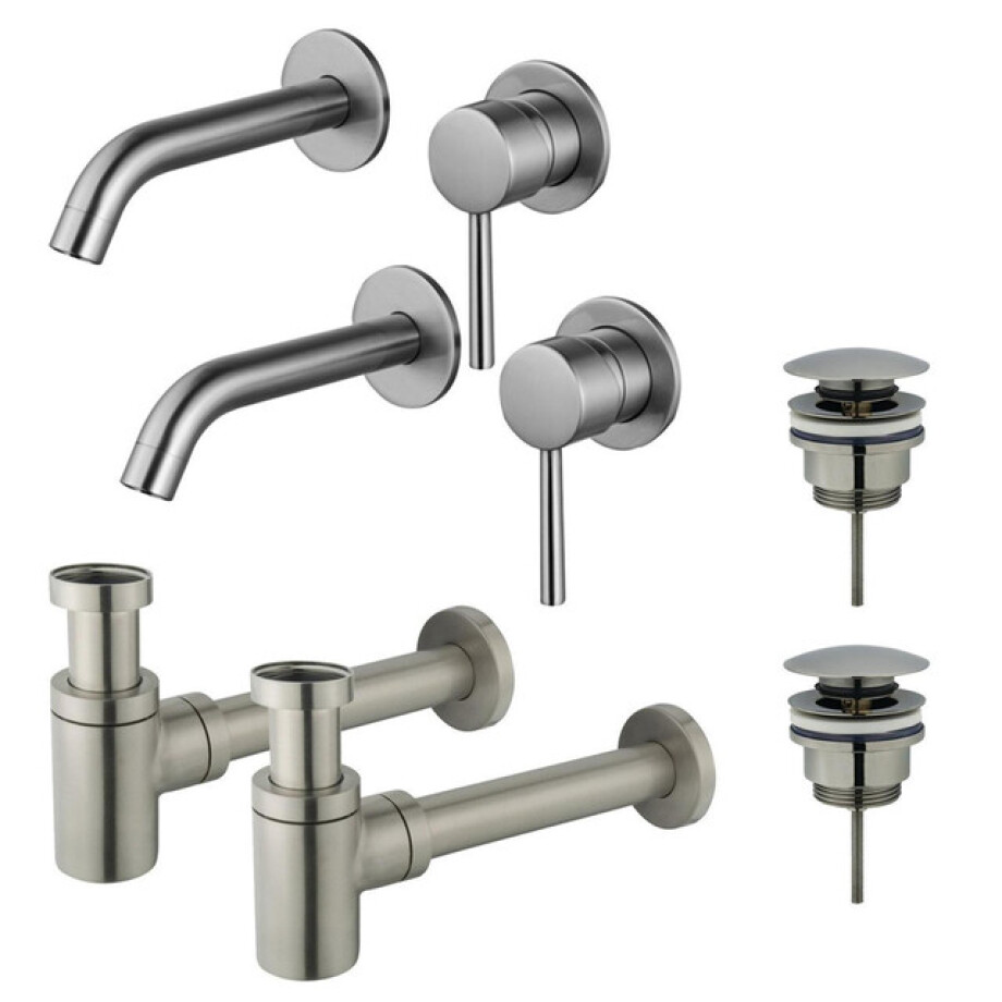 Fortifura Calvi Slim Wastafelkraanset - voor dubbele wastafel - inbouw wastafelkraan - klikwaste plug - verlaagde design sifon - Geborsteld RVS PVD (RVS) 2x SW377860/2x SW696201/2x SW696217 afbeelding 1