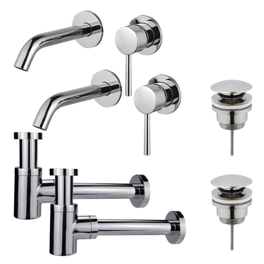 Fortifura Calvi Slim Wastafelkraanset - voor dubbele wastafel - inbouw wastafelkraan - klikwaste plug - verlaagde design sifon - Chroom 2x SW377814/2x SW696203/2x SW696219 afbeelding 1