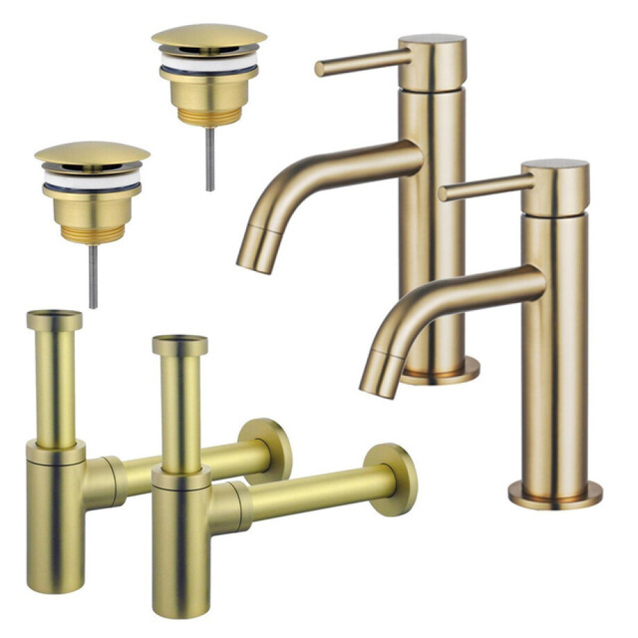 Fortifura Calvi Slim Wastafelkraanset - voor dubbele wastafel - lage wastafelkraan - always open plug - design sifon - Geborsteld Messing PVD (Goud) 2x SW720545/2x SW696208/2x SW696213 afbeelding 1