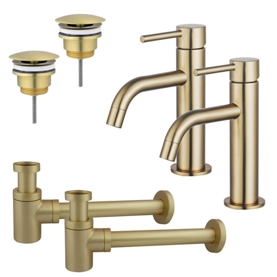 Fortifura Calvi Slim Wastafelkraanset - voor dubbele wastafel - lage wastafelkraan - always open plug - verlaagde design sifon - Geborsteld Messing PVD (Goud) 2x SW720545/2x SW696208/2x SW696218 afbeelding 1
