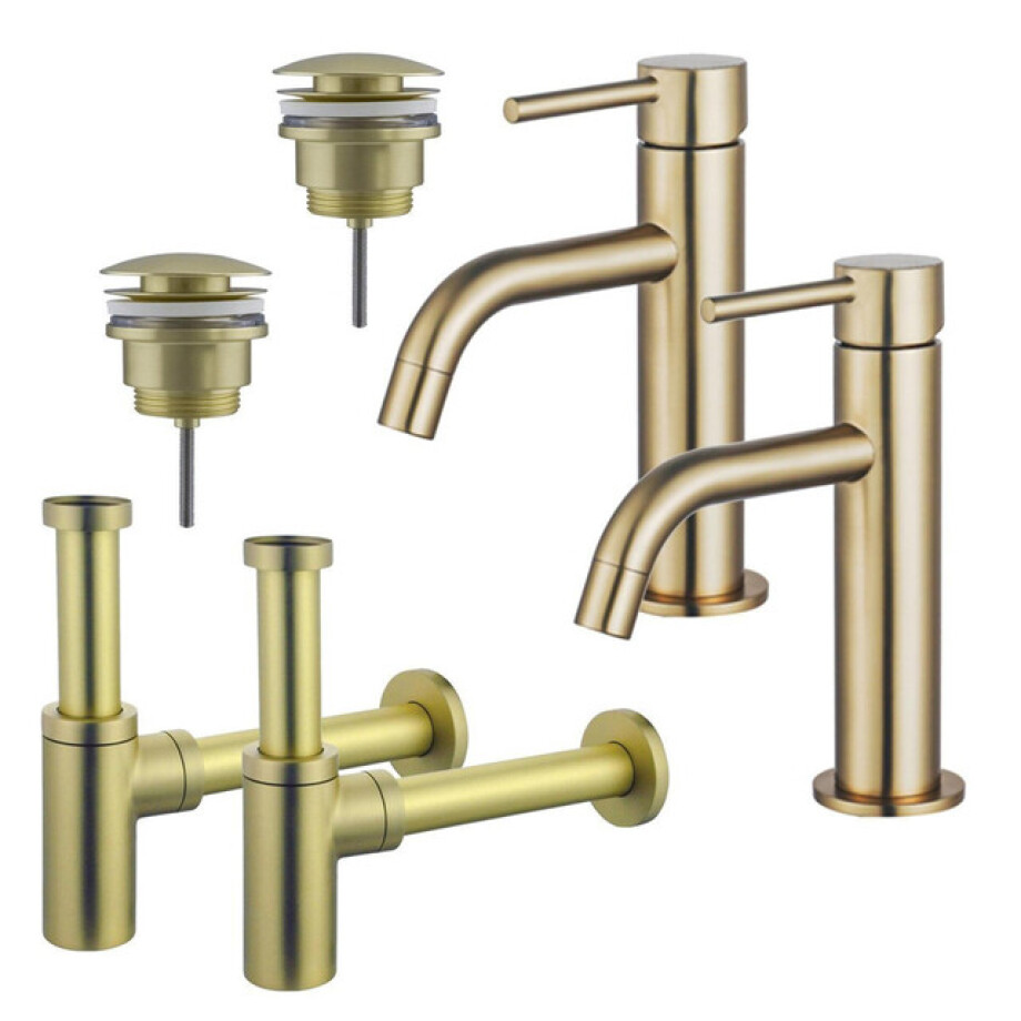 Fortifura Calvi Slim Wastafelkraanset - voor dubbele wastafel - lage wastafelkraan - klikwaste plug - design sifon - Geborsteld Messing PVD (Goud) 2x SW720545/2x SW696202/2x SW696213 afbeelding 1