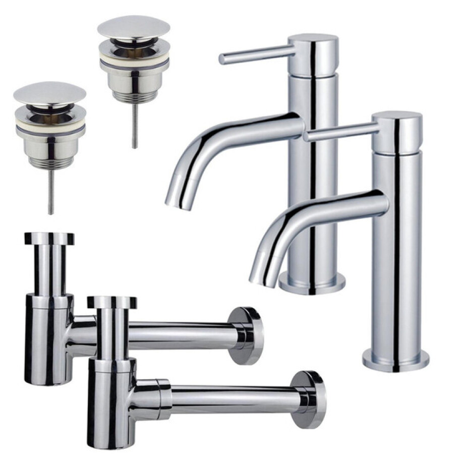 Fortifura Calvi Slim Wastafelkraanset - voor dubbele wastafel - lage wastafelkraan - klikwaste plug - verlaagde design sifon - Chroom 2x SW377812/2x SW696203/2x SW696219 afbeelding 1