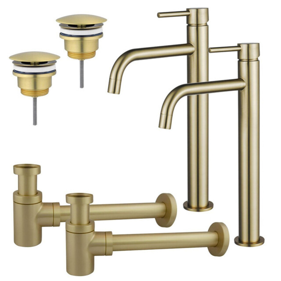 Fortifura Calvi Slim Wastafelkraanset - voor dubbele wastafel - verhoogde wastafelkraan - always open plug - verlaagde design sifon - Geborsteld Messing PVD (Goud) 2x SW720546/2x SW696208/2x SW696218 afbeelding 1