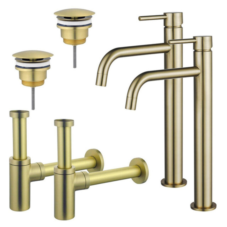 Fortifura Calvi Slim Wastafelkraanset - voor dubbele wastafel - verhoogde wastafelkraan - always open plug - design sifon - Geborsteld Messing PVD (Goud) 2x SW720546/2x SW696208/2x SW696213 afbeelding 1