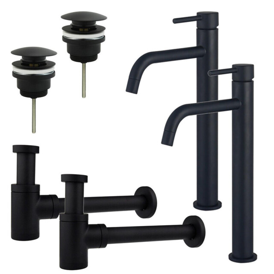 Fortifura Calvi Slim Wastafelkraanset - voor dubbele wastafel - verhoogde wastafelkraan - klikwaste plug - verlaagde design sifon - Mat zwart 2x SW377836/2x SW696199/2x SW696215 afbeelding 1