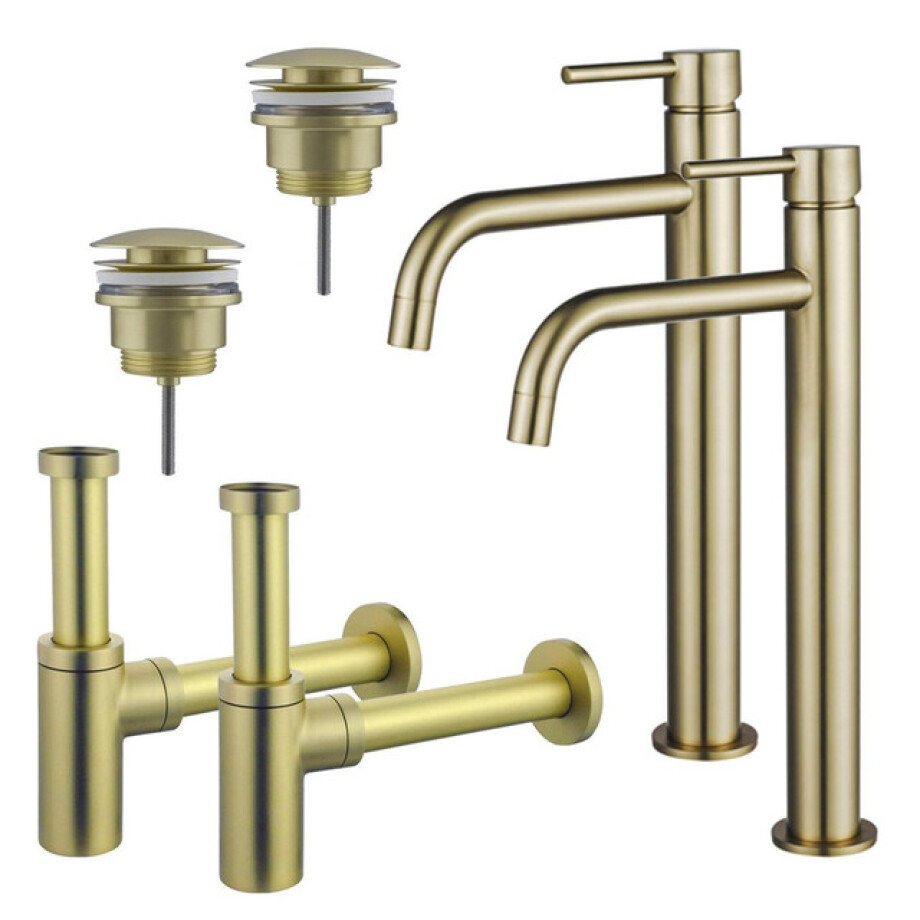 Fortifura Calvi Slim Wastafelkraanset - voor dubbele wastafel - verhoogde wastafelkraan - klikwaste plug - design sifon - Geborsteld Messing PVD (Goud) 2x SW720546/2x SW696202/2x SW696213 afbeelding 1