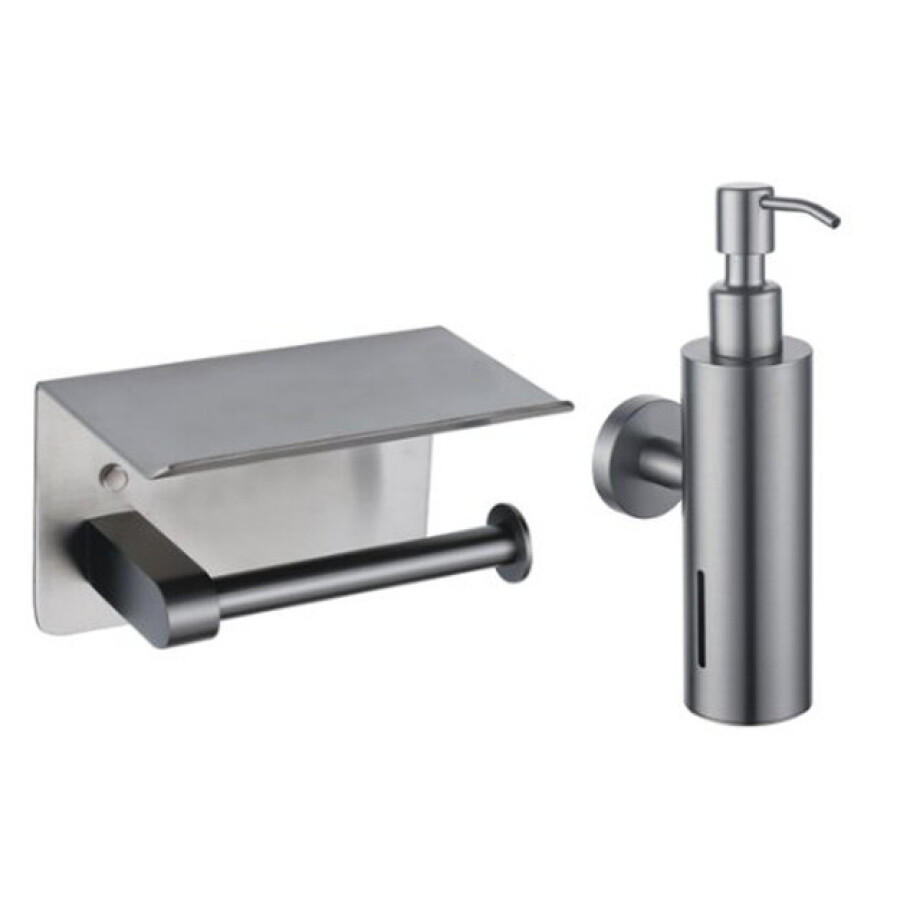 Fortifura Calvi toilet accessoireset - zeepdispenser - toiletrolhouder - met plateau - geborsteld gunmetal SW1183052/SW1111571 Fortifura Calvi toilet accessoireset - zeepdispenser - toiletrolhouder - met plateau - geborsteld gunmetal SW1183052/SW1111571 afbeelding 1