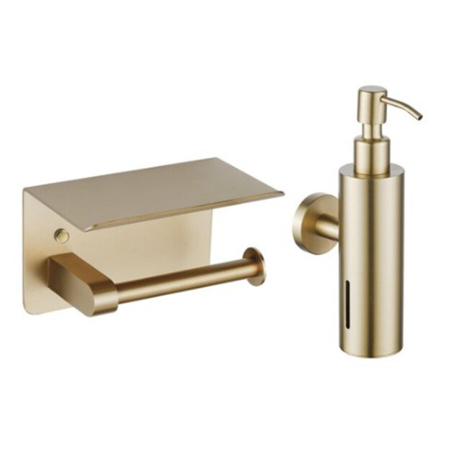 Fortifura Calvi toilet accessoireset - zeepdispenser - toiletrolhouder - met plateau - geborsteld messing SW1183053/SW1111569 afbeelding 1
