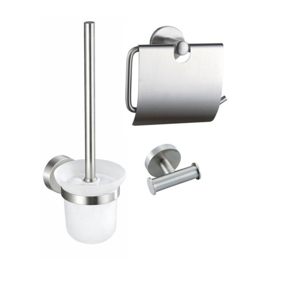 Fortifura Calvi Toiletset 3-delig - toiletrolhouder met klep - toiletborstel - handdoekhaak dubbel rond - Geborsteld RVS PVD SW1183145 SW1211589 SW639930 afbeelding 1