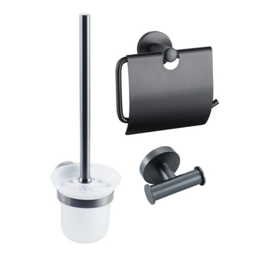 Fortifura Calvi Toiletset 3-delig - toiletrolhouder met klep - toiletborstel - handdoekhaak dubbel rond - Geborsteld Gunmetal PVD SW1183147 SW1211595 SW721173 afbeelding 1