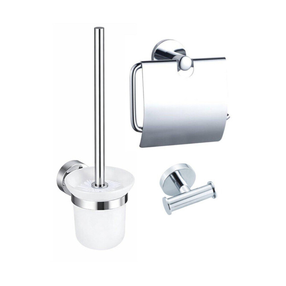 Fortifura Calvi Toiletset 3-delig - toiletrolhouder met klep - toiletborstel - handdoekhaak dubbel rond - chroom SW1183142 SW1211583 SW639924 afbeelding 1