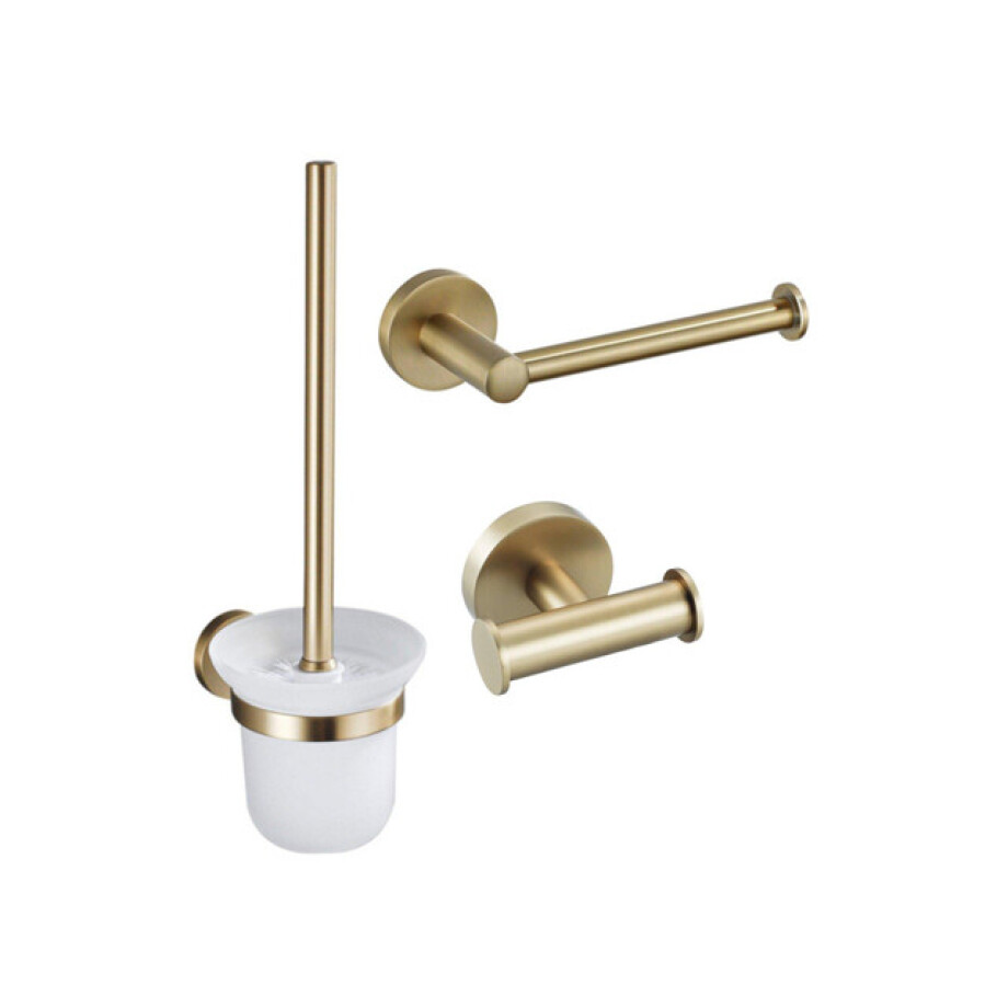 Fortifura Calvi Toiletset 3-delig - toiletrolhouder zonder klep - toiletborstel - handdoekhaak dubbel rond - Geborsteld Messing PVD (Goud) SW639940 SW639941 SW1248399 afbeelding 1