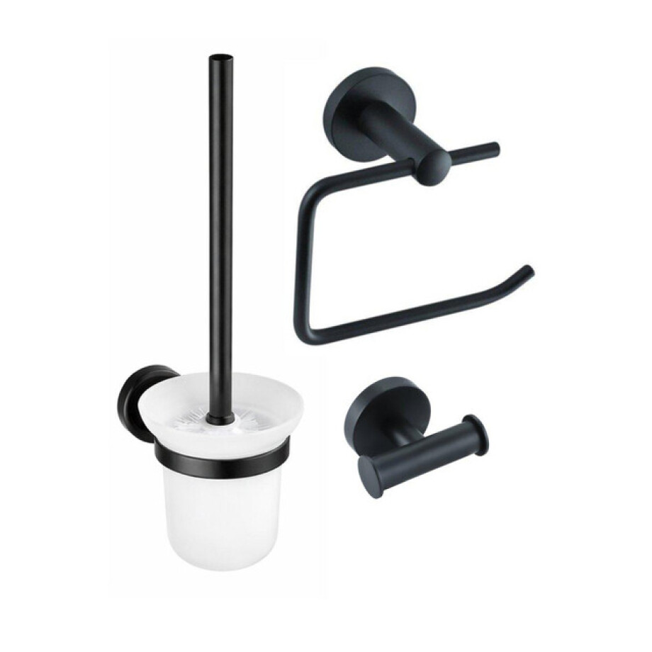 Fortifura Calvi Toiletset 3-delig - toiletrolhouder zonder klep - toiletborstel - handdoekhaak dubbel rond - Mat Zwart SW639933 SW1211594 SW639936 afbeelding 1