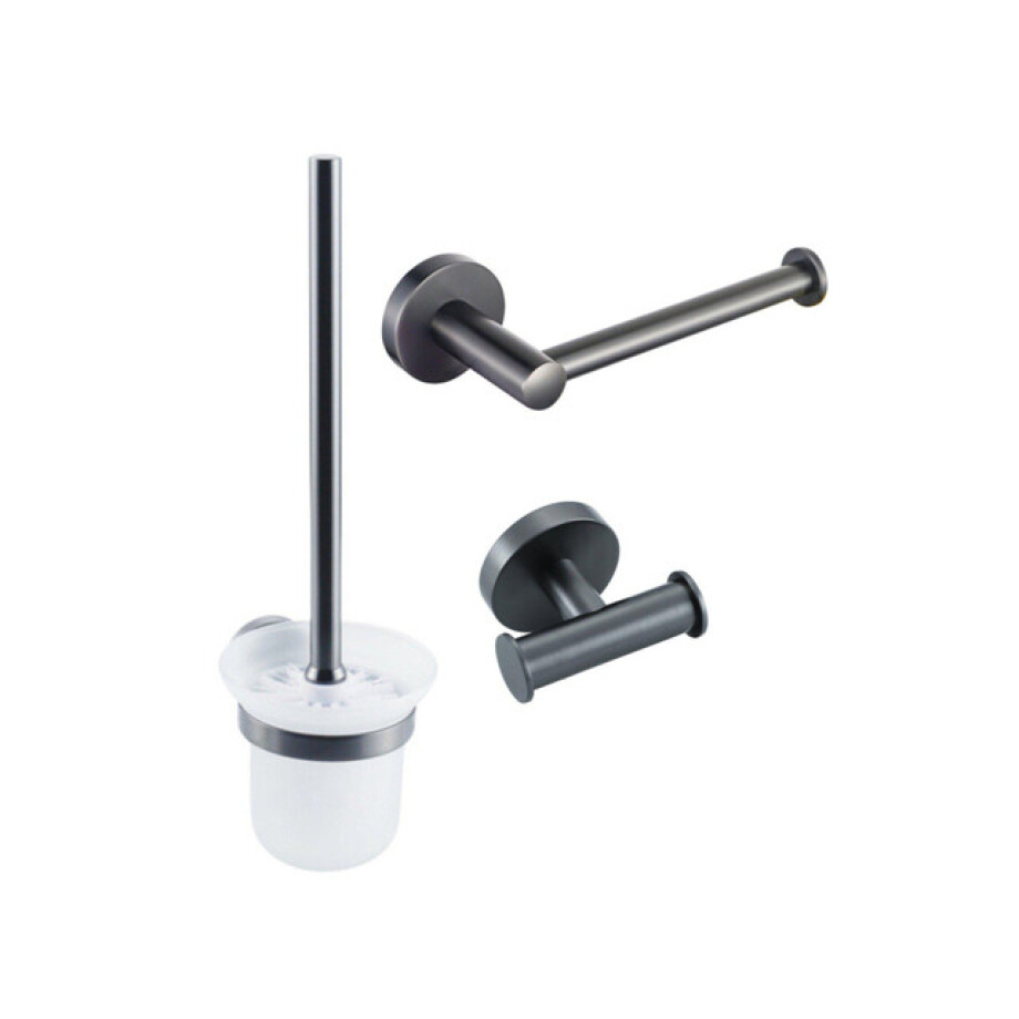 Fortifura Calvi Toiletset 3-delig - toiletrolhouder zonder klep - toiletborstel - handdoekhaak dubbel rond - Geborsteld gunmetal PVD SW721173 SW721172 SW1211595 afbeelding 1