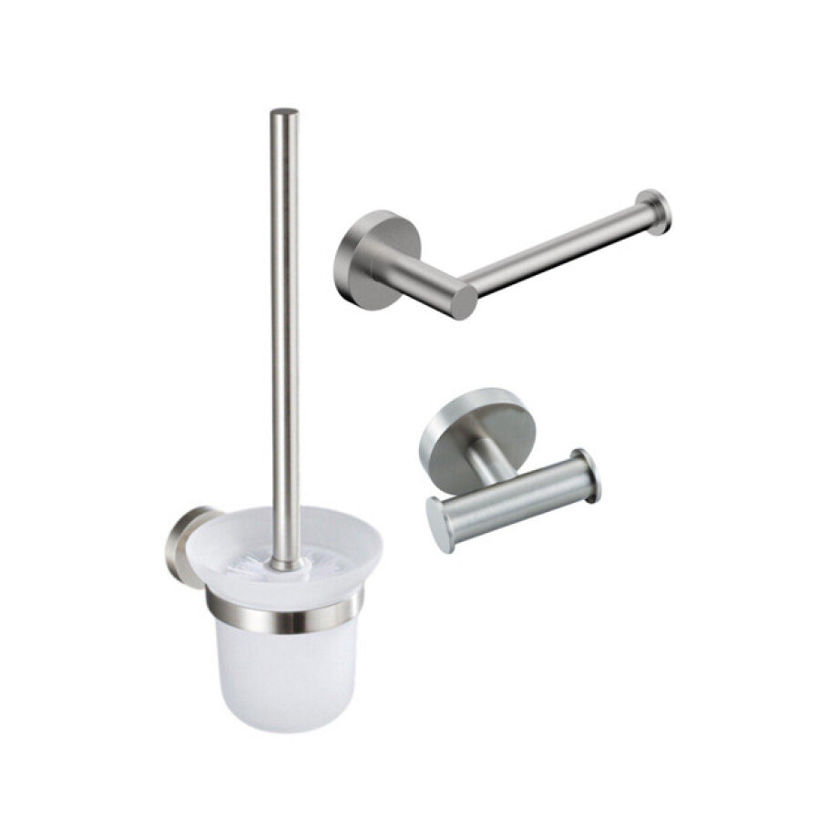 Fortifura Calvi Toiletset 3-delig - toiletrolhouder zonder klep - toiletborstel - handdoekhaak dubbel rond - Geborsteld RVS PVD (RVS) SW639930 SW639931 SW1211589 afbeelding 1