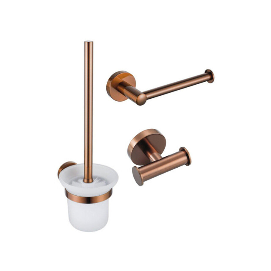 Fortifura Calvi Toiletset 3-delig - toiletrolhouder zonder klep - toiletborstel - handdoekhaak dubbel rond - Geborsteld koper PVD (Koper) SW970050 SW970052 SW1211596 afbeelding 1