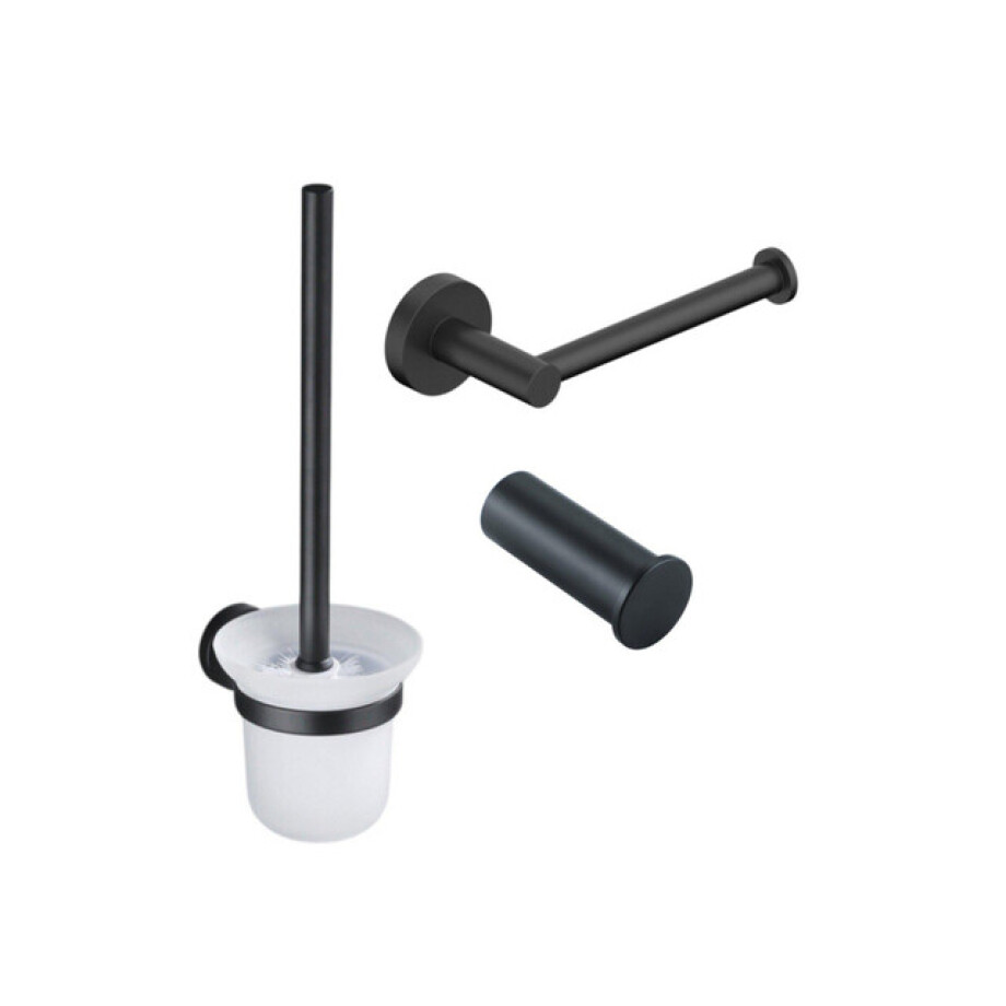 Fortifura Calvi Toiletset 3-delig - toiletrolhouder zonder klep - toiletborstel - handdoekhaak enkel rond - mat zwart SW639936 SW639935 SW1211586 afbeelding 1