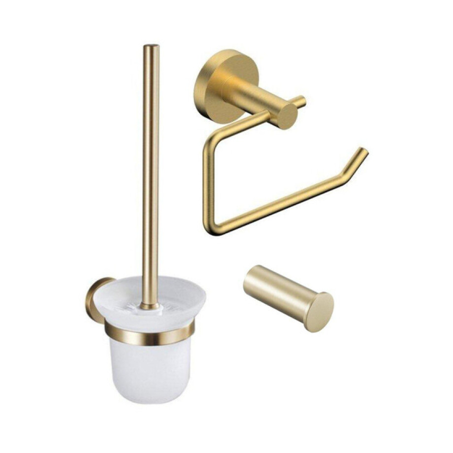 Fortifura Calvi Toiletset 3-delig - toiletrolhouder zonder klep - toiletborstel - handdoekhaak enkel rond - Geborsteld Messing PVD (Goud) SW639938 SW1211588 SW639940 afbeelding 1