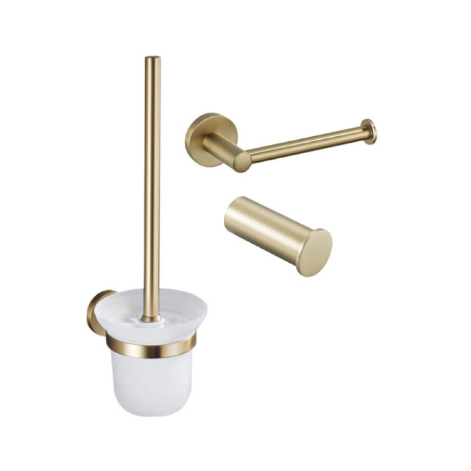 Fortifura Calvi Toiletset 3-delig - toiletrolhouder zonder klep - toiletborstel - handdoekhaak enkel rond - Geborsteld Messing PVD (Goud) SW639940 SW639941 SW1211588 afbeelding 1