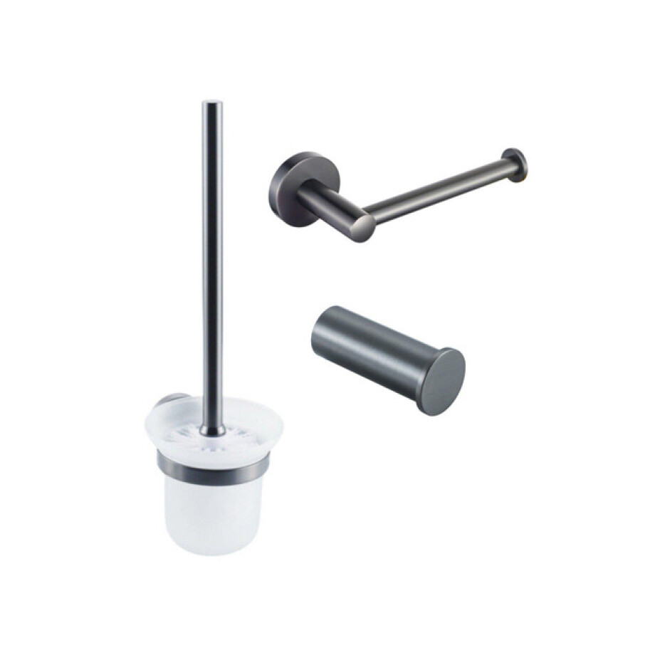 Fortifura Calvi Toiletset 3-delig - toiletrolhouder zonder klep - toiletborstel - handdoekhaak enkel rond - Geborsteld Gunmetal PVD SW721173 SW721172 SW1211592 afbeelding 1