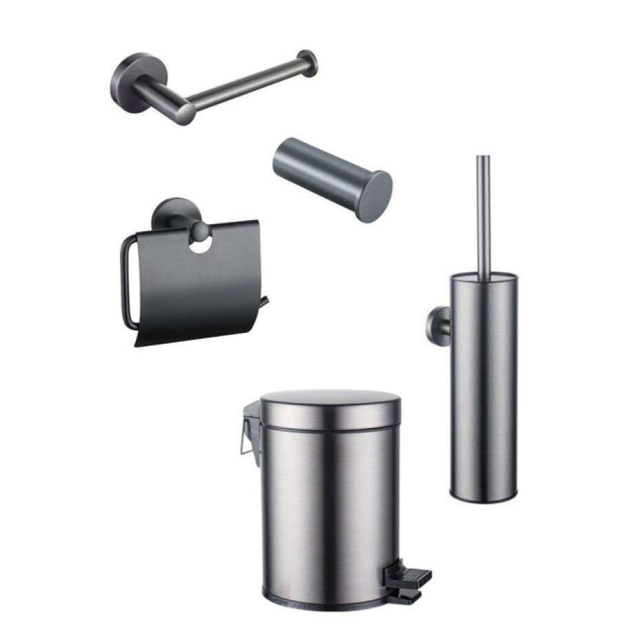 Fortifura Calvi Toiletset 5-delig - toiletrolhouder - reserverolhouder - toiletborstelhouder - handdoekhaak - pedaalemmer - Geborsteld Gunmetal PVD SW1183147/SW721172/SW1111545/SW1211592/SW1111580 afbeelding 1