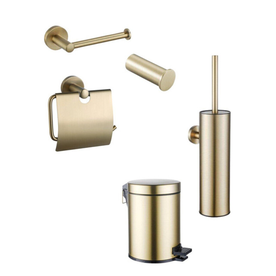 Fortifura Calvi Toiletset 5-delig - toiletrolhouder - reserverolhouder - toiletborstelhouder - handdoekhaak - pedaalemmer - Geborsteld Messing PVD SW1183146/SW639941/SW1111543/SW1211588/SW1111579 afbeelding 1